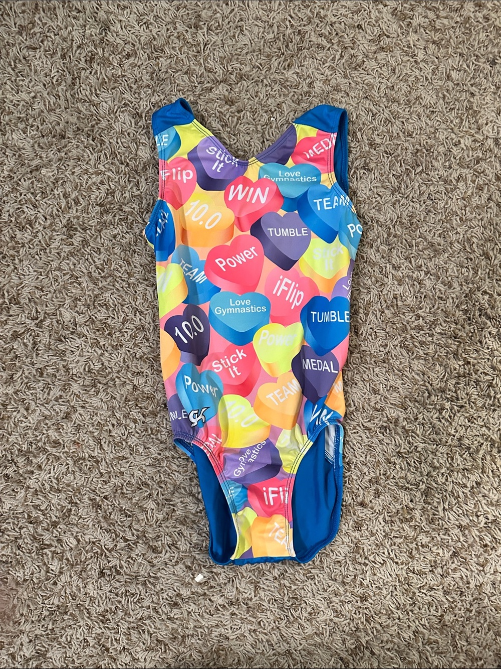 GK Bright Blue Kids One-Piece Leotard with Colorful Heart Print